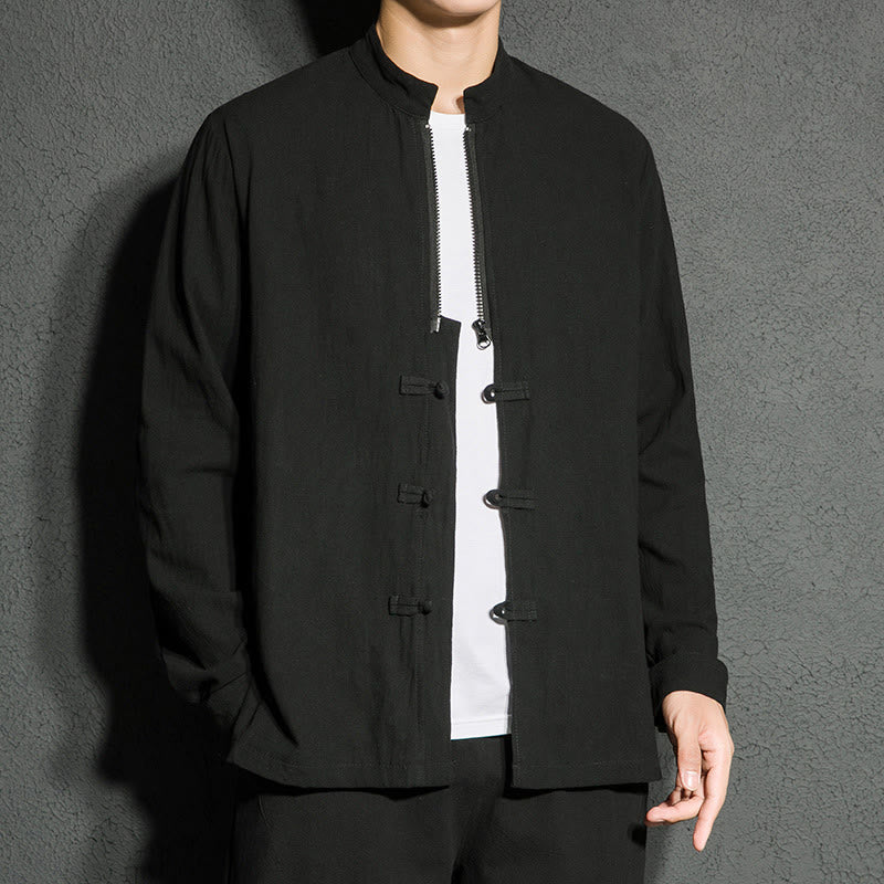 Buddha Stones Plain Zipper Chinese Frog-Button Cotton Long Sleeve Men's Shirt