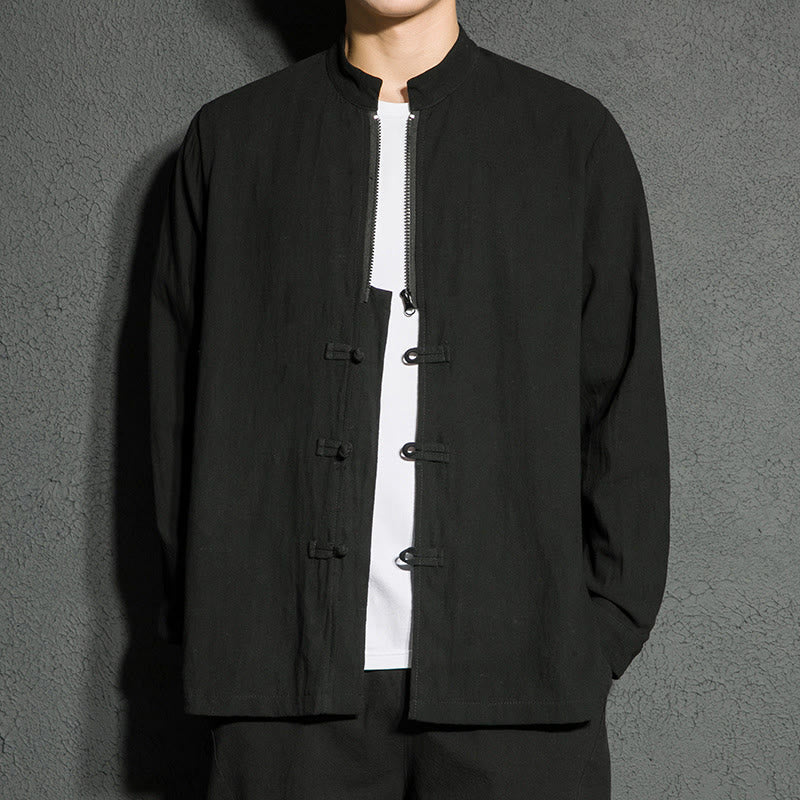 Buddha Stones Plain Zipper Chinese Frog-Button Cotton Long Sleeve Men's Shirt