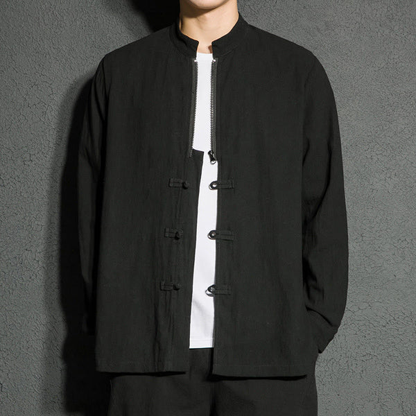 Buddha Stones Plain Zipper Chinese Frog-Button Cotton Long Sleeve Men's Shirt