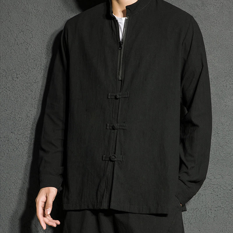 Buddha Stones Plain Zipper Chinese Frog-Button Cotton Long Sleeve Men's Shirt