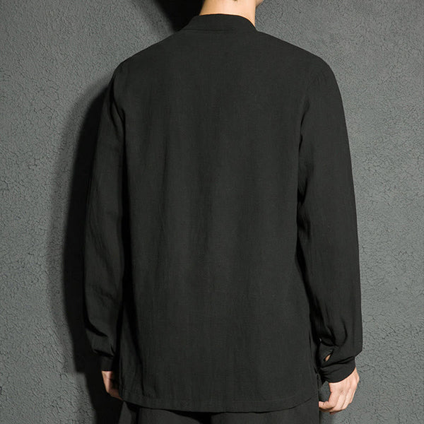 Buddha Stones Plain Zipper Chinese Frog-Button Cotton Long Sleeve Men's Shirt