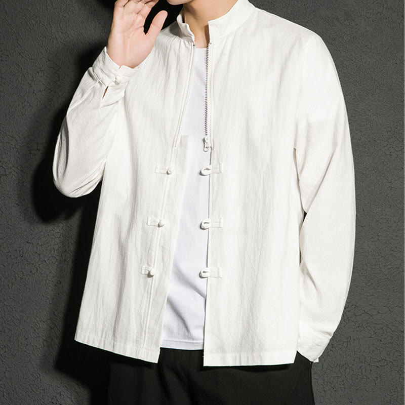 Buddha Stones Plain Zipper Chinese Frog-Button Cotton Long Sleeve Men's Shirt