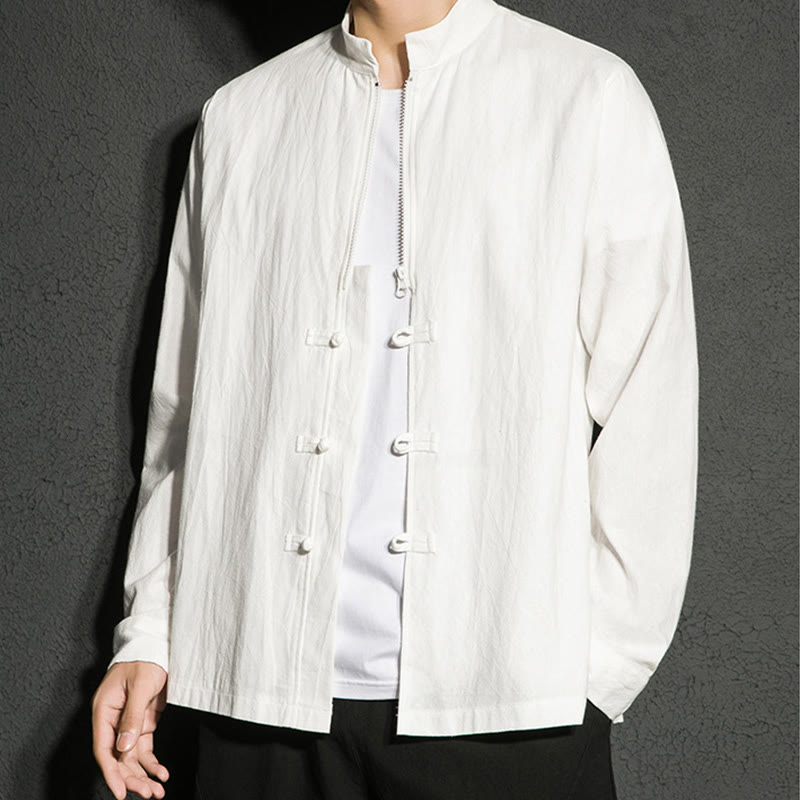 Buddha Stones Plain Zipper Chinese Frog-Button Cotton Long Sleeve Men's Shirt