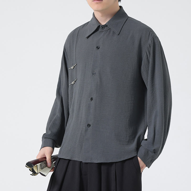 Buddha Stones Plain Buttons Stand Collar Long Sleeve Men's Cotton Shirt
