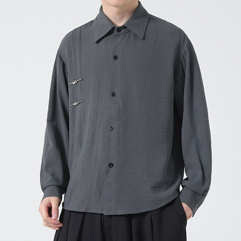 Buddha Stones Plain Buttons Stand Collar Long Sleeve Men's Cotton Shirt