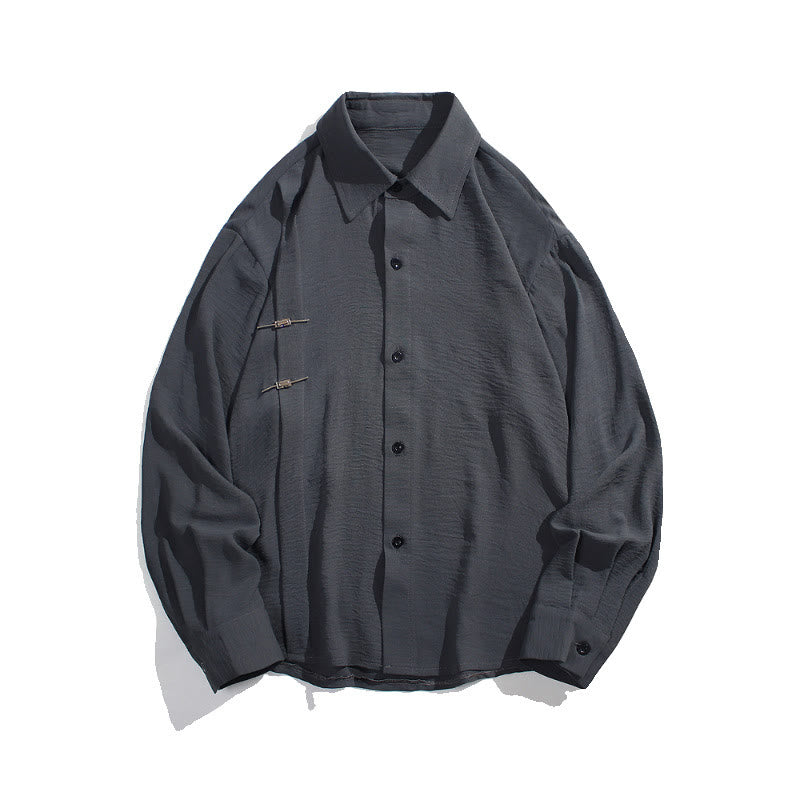 Buddha Stones Plain Buttons Stand Collar Long Sleeve Men's Cotton Shirt