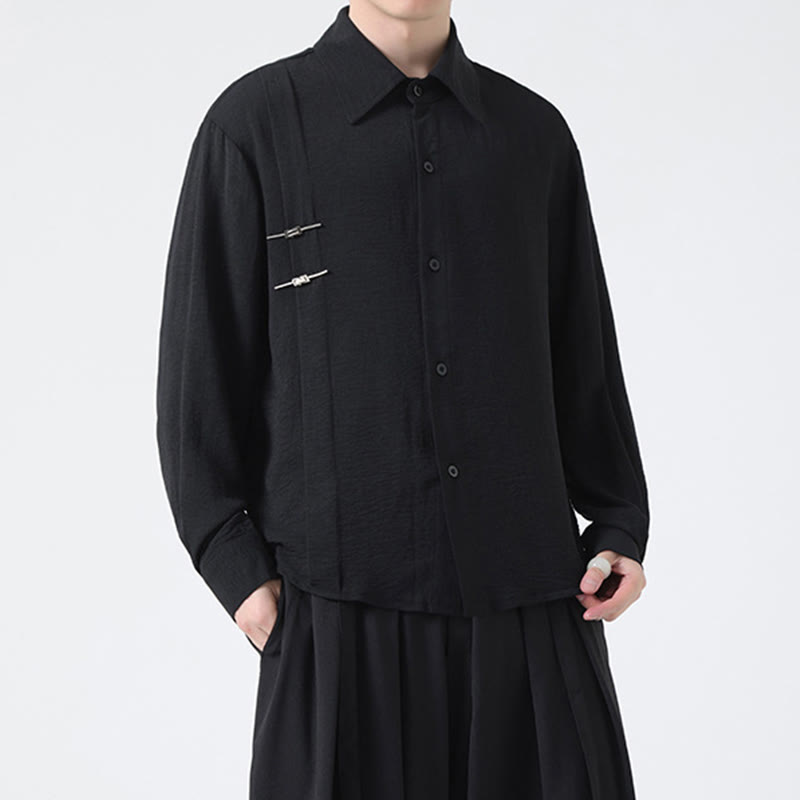 Buddha Stones Plain Buttons Stand Collar Long Sleeve Men's Cotton Shirt