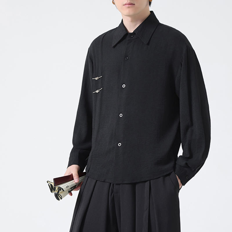 Buddha Stones Plain Buttons Stand Collar Long Sleeve Men's Cotton Shirt