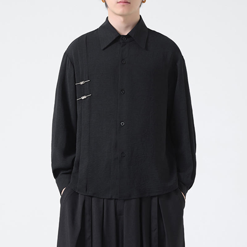 Buddha Stones Plain Buttons Stand Collar Long Sleeve Men's Cotton Shirt