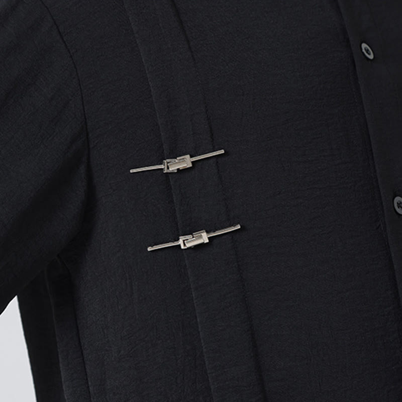 Buddha Stones Plain Buttons Stand Collar Long Sleeve Men's Cotton Shirt