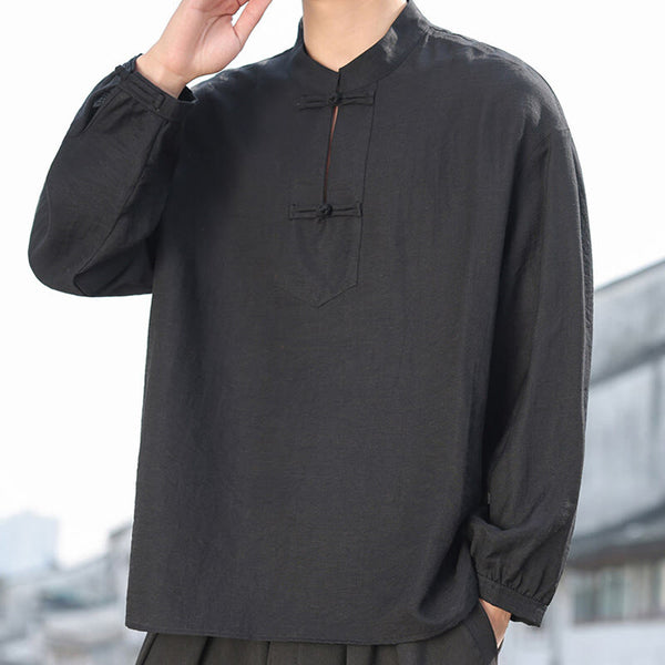Buddha Stones Two Frog-Button Stand Collar Long Sleeve Men's Cotton Shirt