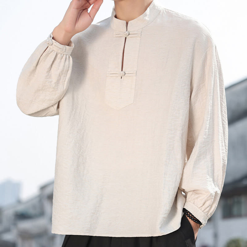 Buddha Stones Two Frog-Button Stand Collar Long Sleeve Men's Cotton Shirt