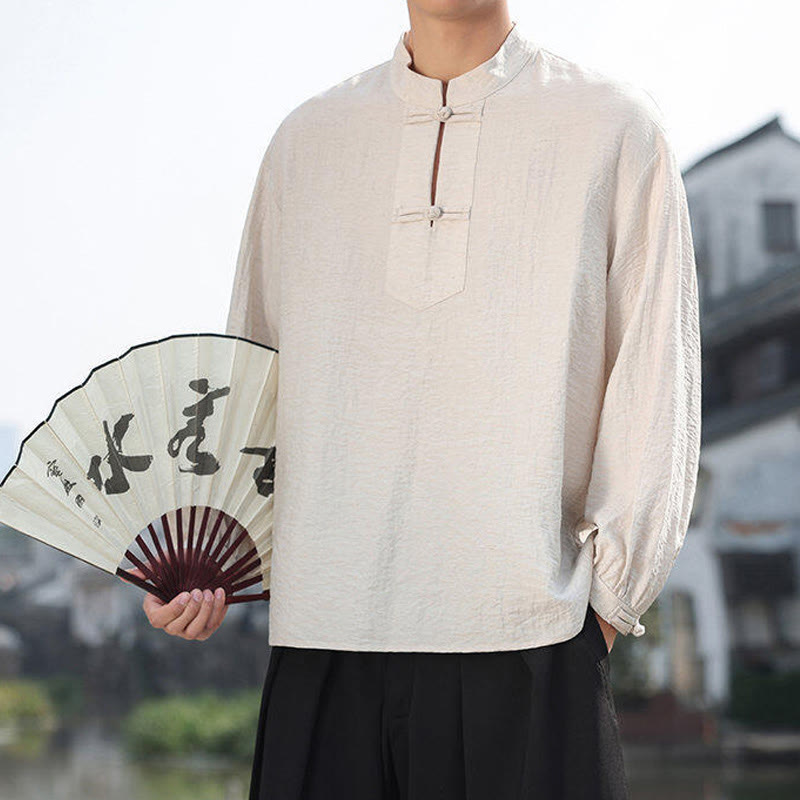 Buddha Stones Two Frog-Button Stand Collar Long Sleeve Men's Cotton Shirt