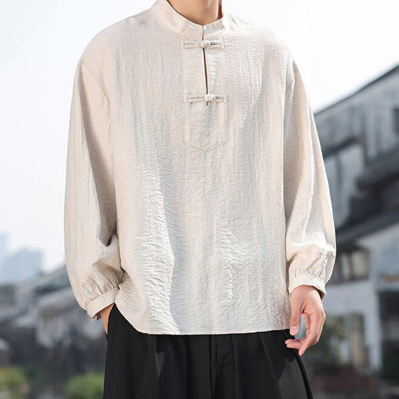 Buddha Stones Two Frog-Button Stand Collar Long Sleeve Men's Cotton Shirt