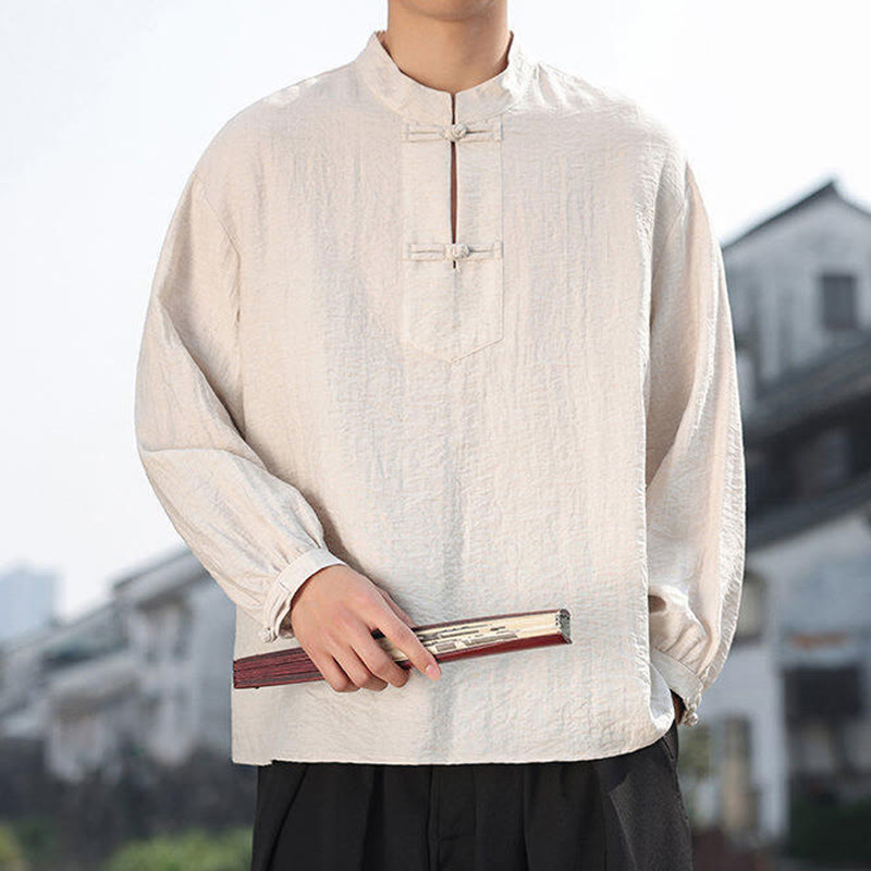 Buddha Stones Two Frog-Button Stand Collar Long Sleeve Men's Cotton Shirt
