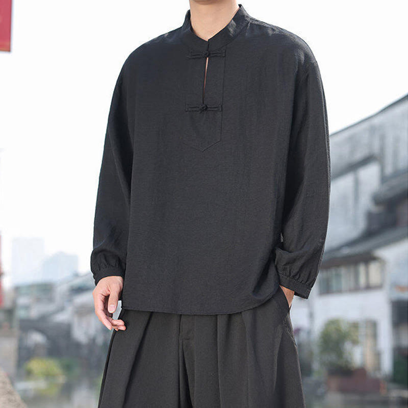 Buddha Stones Two Frog-Button Stand Collar Long Sleeve Men's Cotton Shirt