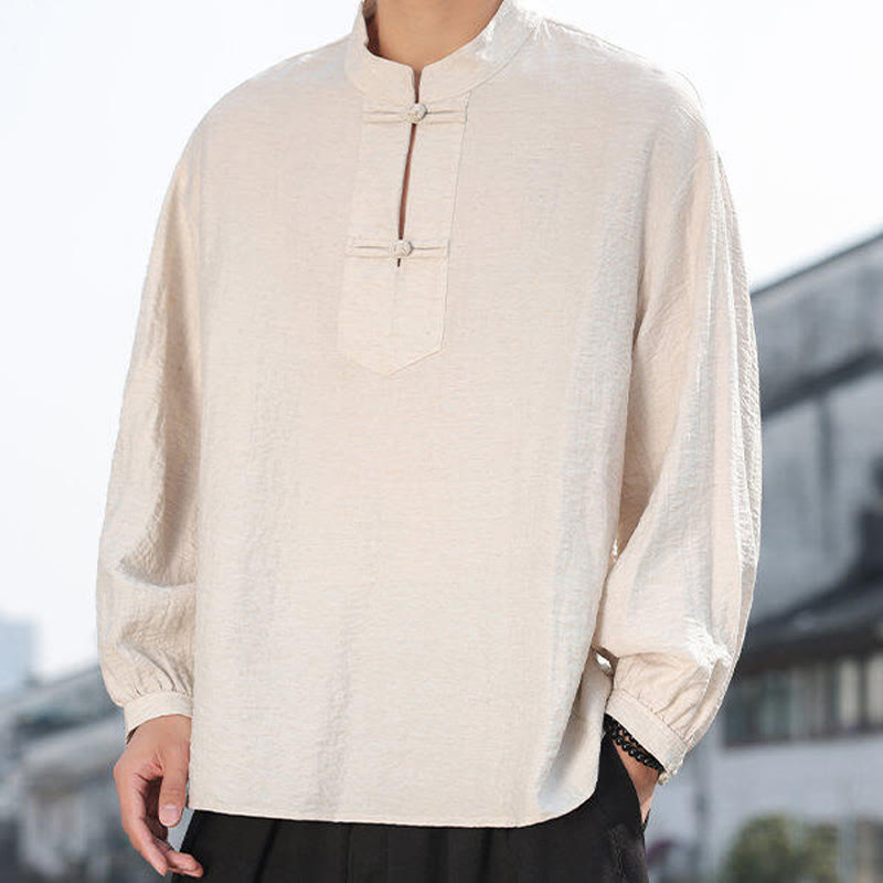 Buddha Stones Two Frog-Button Stand Collar Long Sleeve Men's Cotton Shirt
