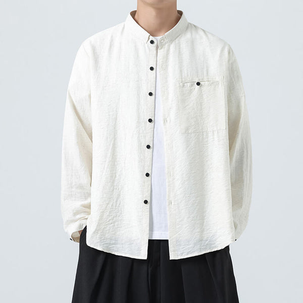 Buddha Stones Vintage Plain Buttons Down Stand Collar Long Sleeve Men's Cotton Shirt