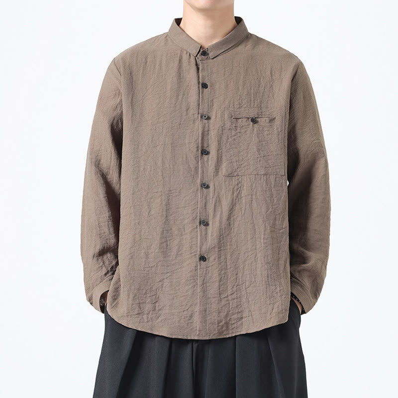 Buddha Stones Vintage Plain Buttons Down Stand Collar Long Sleeve Men's Cotton Shirt