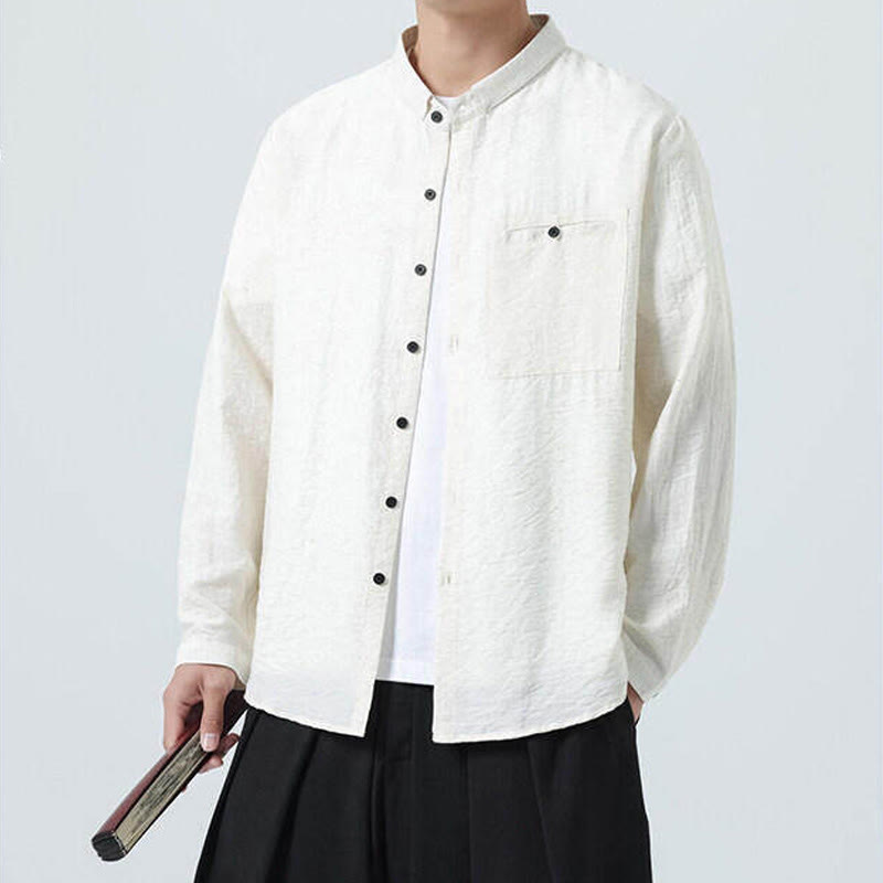 Buddha Stones Vintage Plain Buttons Down Stand Collar Long Sleeve Men's Cotton Shirt