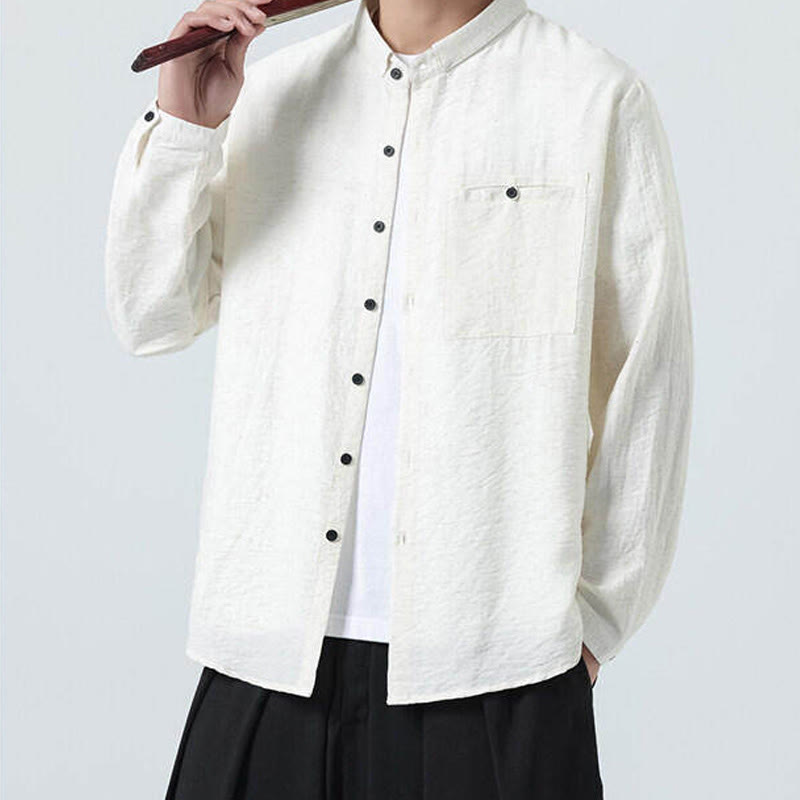 Buddha Stones Vintage Plain Buttons Down Stand Collar Long Sleeve Men's Cotton Shirt