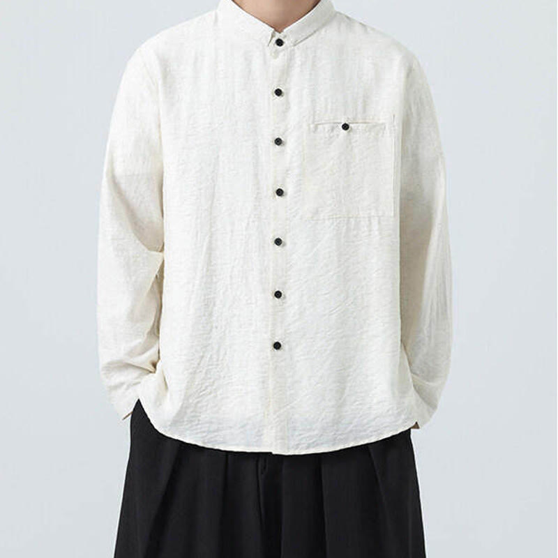Buddha Stones Vintage Plain Buttons Down Stand Collar Long Sleeve Men's Cotton Shirt