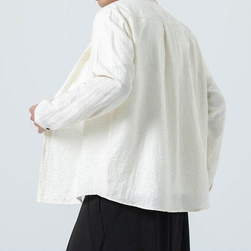 Buddha Stones Vintage Plain Buttons Down Stand Collar Long Sleeve Men's Cotton Shirt