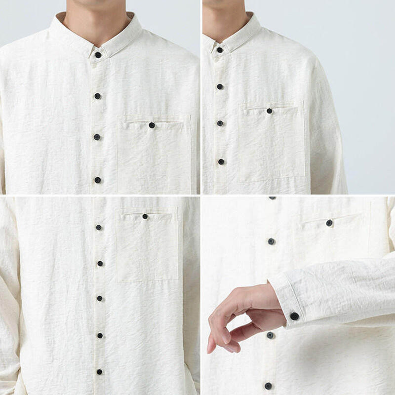 Buddha Stones Vintage Plain Buttons Down Stand Collar Long Sleeve Men's Cotton Shirt