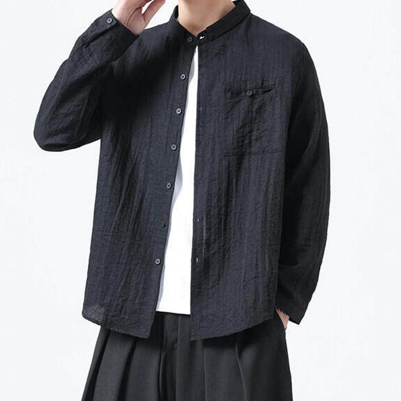 Buddha Stones Vintage Plain Buttons Down Stand Collar Long Sleeve Men's Cotton Shirt