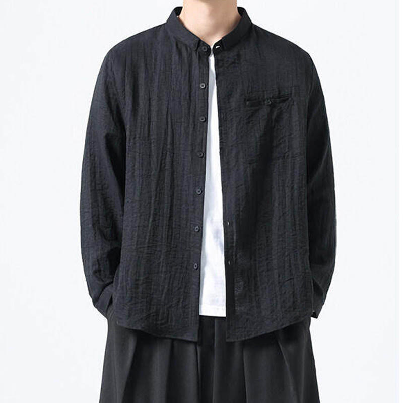 Buddha Stones Vintage Plain Buttons Down Stand Collar Long Sleeve Men's Cotton Shirt