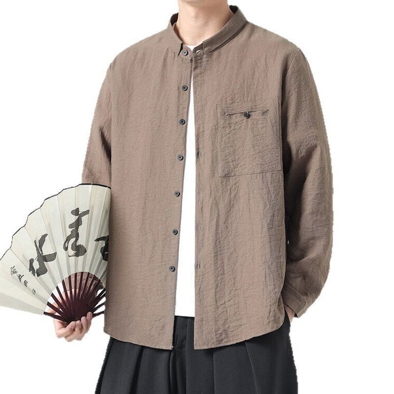 Buddha Stones Vintage Plain Buttons Down Stand Collar Long Sleeve Men's Cotton Shirt