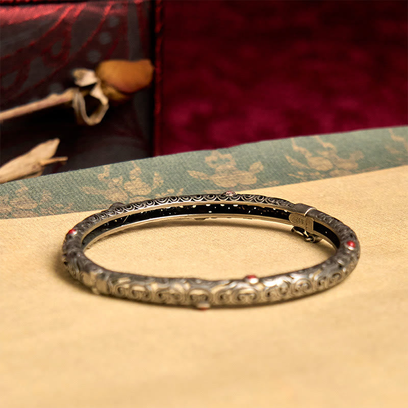 Vintage Tang Dynasty Flower Design Engraved Red Agate Copper Luck Bracelet Bangle