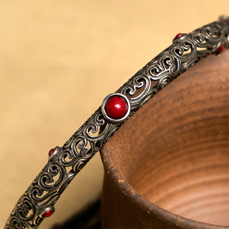 Vintage Tang Dynasty Flower Design Engraved Red Agate Copper Luck Bracelet Bangle