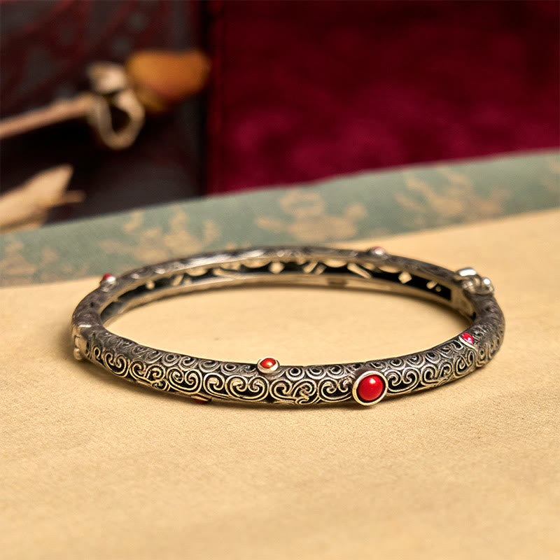 Vintage Tang Dynasty Flower Design Engraved Red Agate Copper Luck Bracelet Bangle