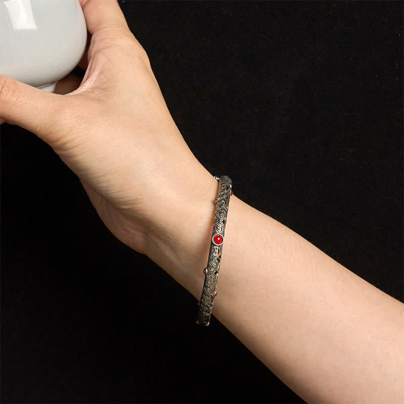 Vintage Tang Dynasty Flower Design Engraved Red Agate Copper Luck Bracelet Bangle