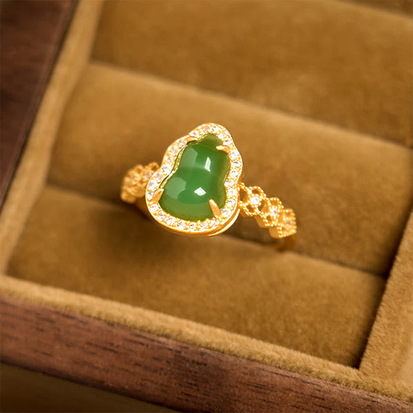 Buddha Stones Vintage Gourd Green Chalcedony Copper Plated Gold Adjustable Wealth Ring