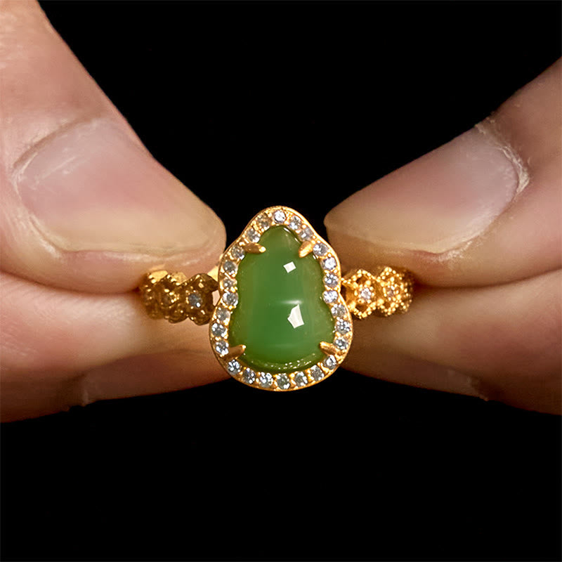 FREE Today: Strength Wealth Vintage Gourd Green Chalcedony Copper Plated Gold Adjustable Ring