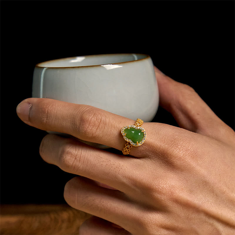 FREE Today: Strength Wealth Vintage Gourd Green Chalcedony Copper Plated Gold Adjustable Ring