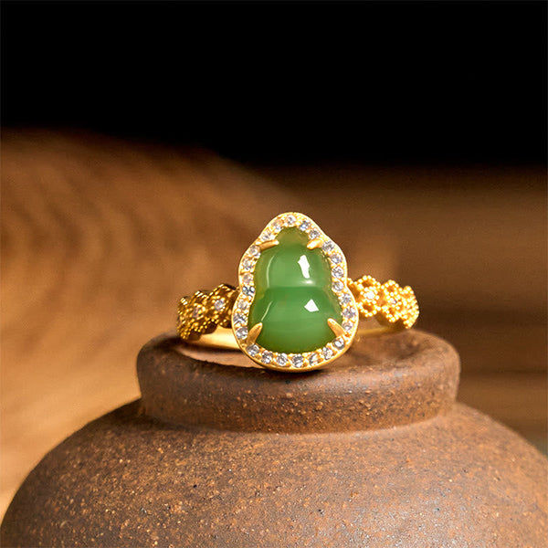 FREE Today: Strength Wealth Vintage Gourd Green Chalcedony Copper Plated Gold Adjustable Ring