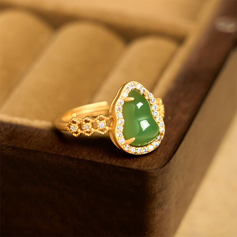 FREE Today: Strength Wealth Vintage Gourd Green Chalcedony Copper Plated Gold Adjustable Ring