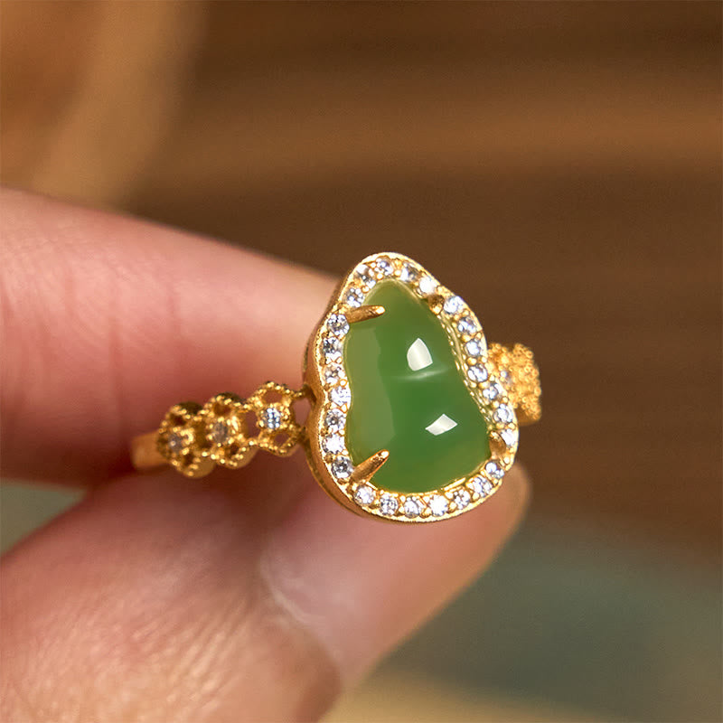 FREE Today: Strength Wealth Vintage Gourd Green Chalcedony Copper Plated Gold Adjustable Ring