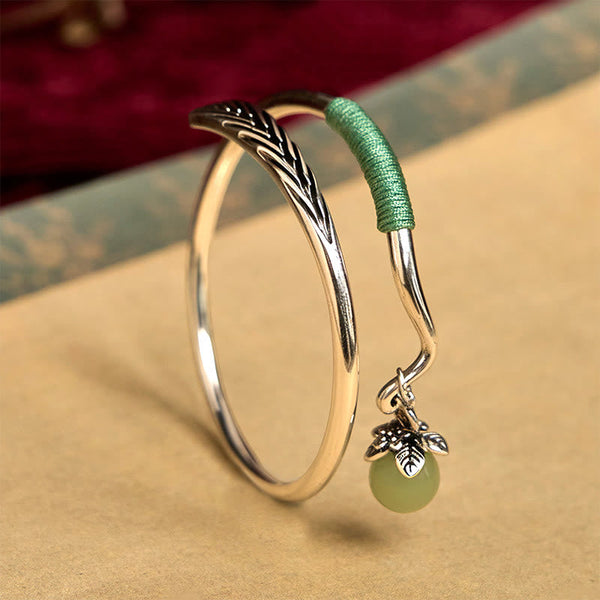 Buddha Stones Copper Alloy Green Bead Charm Luck Cuff Bracelet Bangle