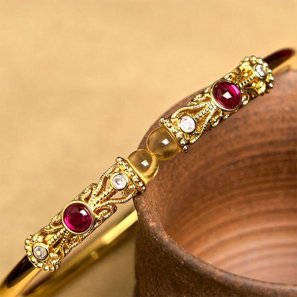 FREE Today: Luck and Healing Golden Flower Pattern Red Zircon Amber Copper Cuff Bracelet Bangle