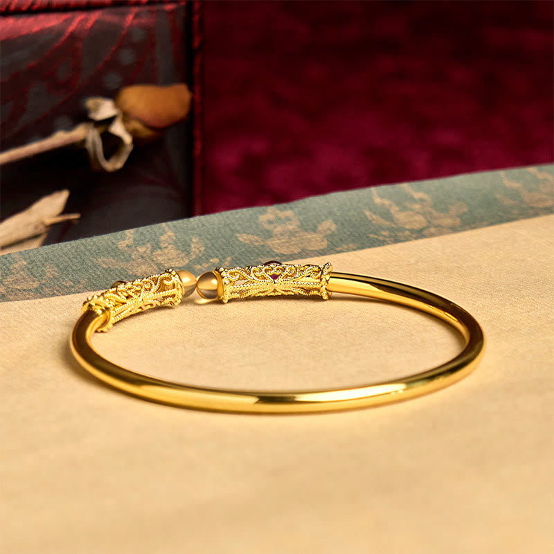 Buddha Stones Golden Flower Pattern Red Zircon Amber Copper Luck Cuff Bracelet Bangle