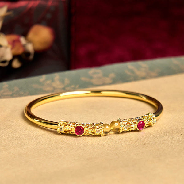 FREE Today: Luck and Healing Golden Flower Pattern Red Zircon Amber Copper Cuff Bracelet Bangle