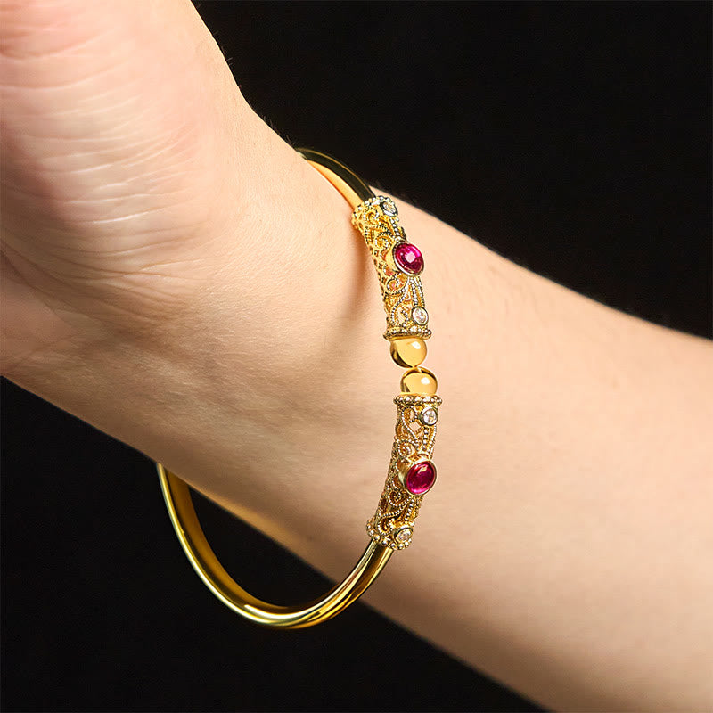 FREE Today: Luck and Healing Golden Flower Pattern Red Zircon Amber Copper Cuff Bracelet Bangle