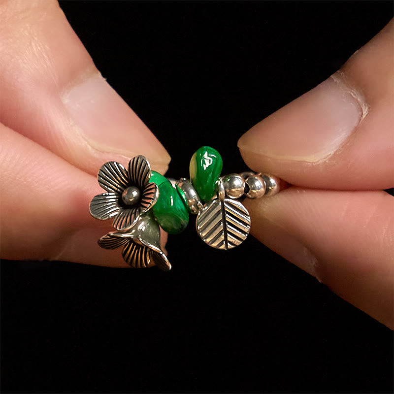 Buddha Stones Flower Pattern Copper Alloy Luck Elastic Rope Ring