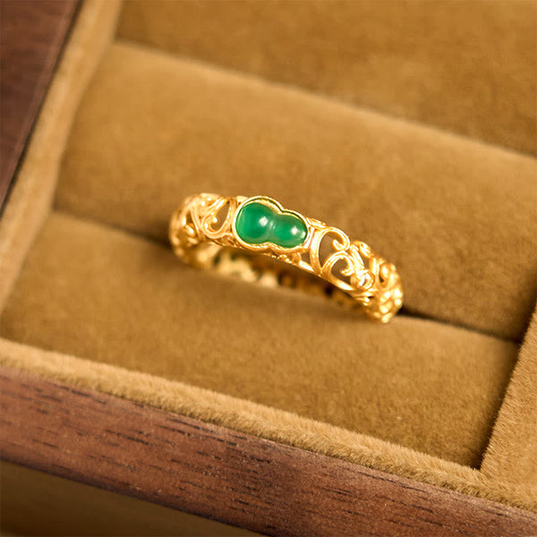 Buddha Stones Vintage Gourd Green Chalcedony Copper Alloy Wealth Ring