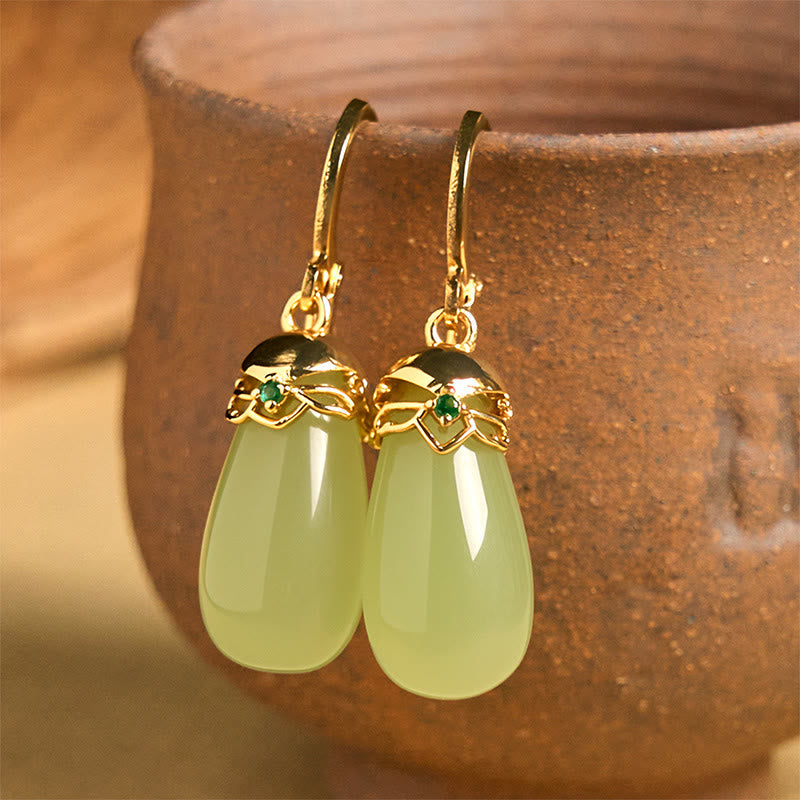 Buddha Stones Green Chalcedony Water Drop Strength Copper Posts Earrings
