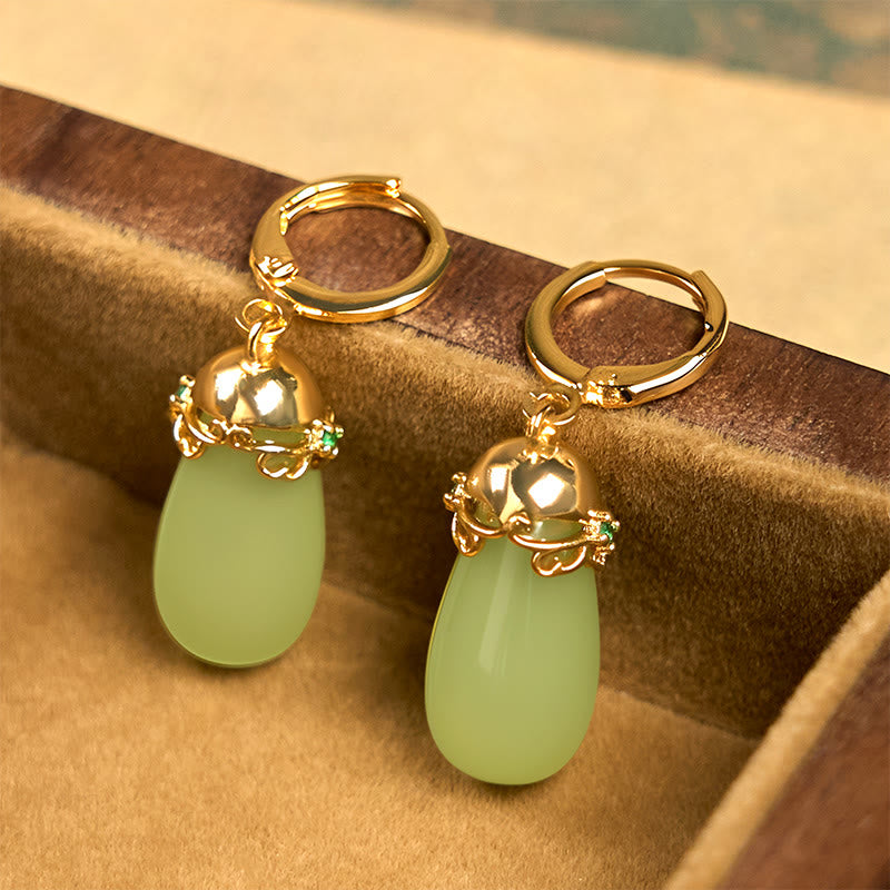 Buddha Stones Green Chalcedony Water Drop Strength Copper Posts Earrings